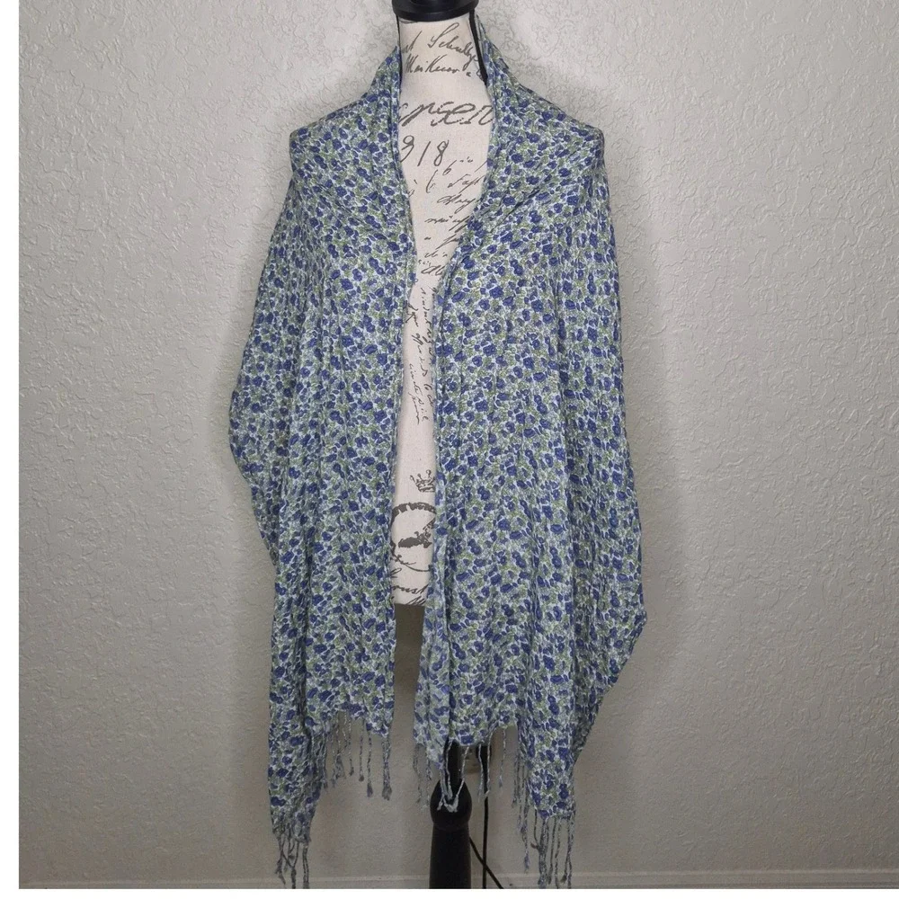 Blue Floral Lightweight Scarf Fringed Rectangle Shawl Wrap Green Botanical Print
